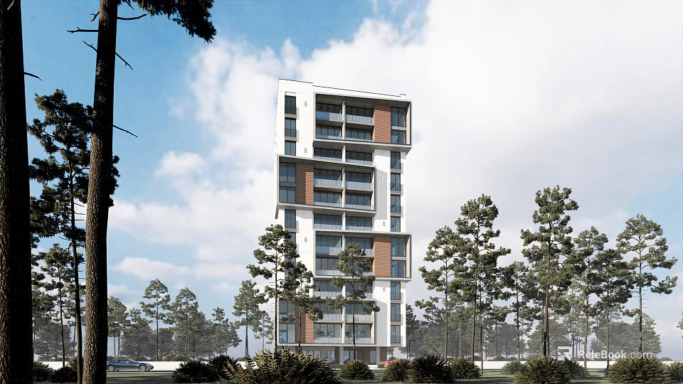 Modern Tall Apartment Building With Surrounding Trees And Blue Sky 3d model 