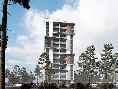Modern Tall Apartment Building With Surrounding Trees And Blue Sky 3d model