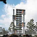 Modern Tall Apartment Building With Surrounding Trees And Blue Sky