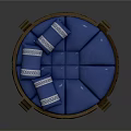 Traditional Circular Furniture With Blue Cushions And White Patterned Pillows On Dark Wooden Base