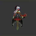 Game Movie Character With Pink Long Hair Black Horns Red Black Dress Black Wings And Golden Object