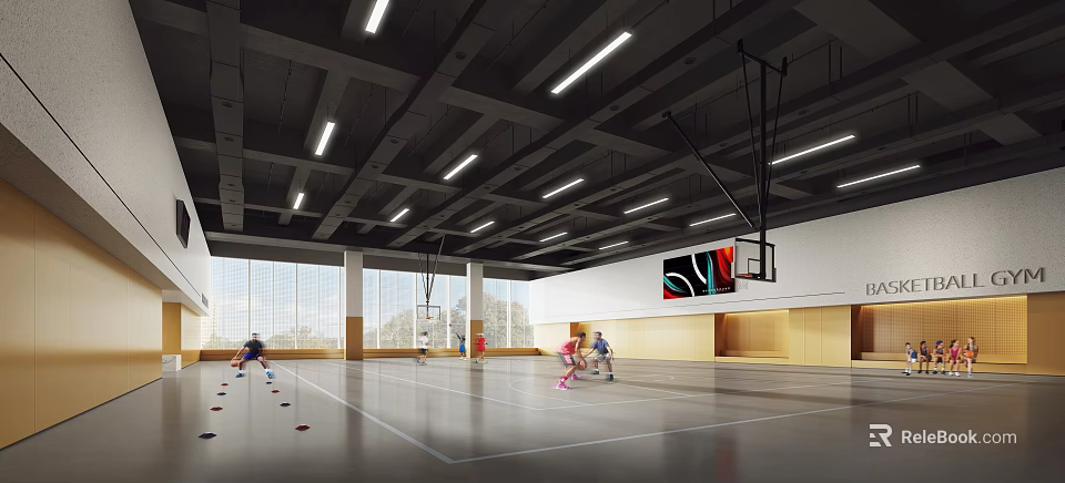 Indoor Basketball Court with Bright Ceiling Lights Smooth Floor Hoops and People Playing Ball 3d model 