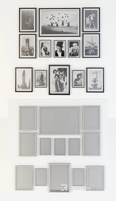 Black and White Portrait Paintings on Wall with Multiple Frames and Artistic 3d model 
