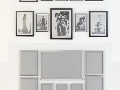 Black and White Portrait Paintings on Wall with Multiple Frames and Artistic 3d model