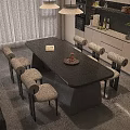 Modern Dining Table Set With Black Wooden Top And Six Beige Fabric Chairs