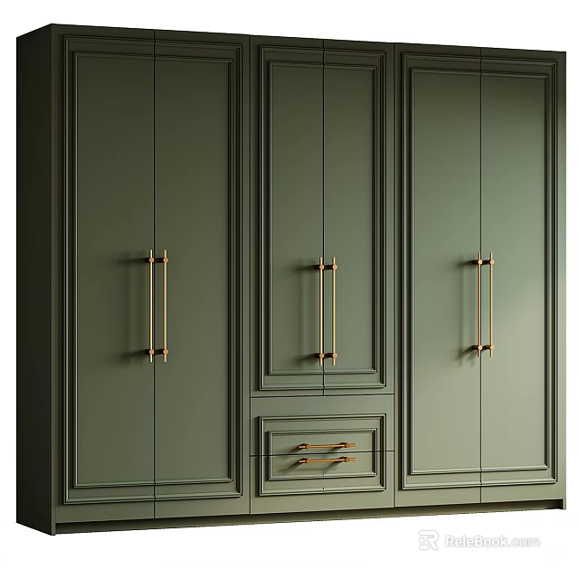 Green Modern Wardrobe With Three Door Gold Handles And Lower Drawer Design 3d model 