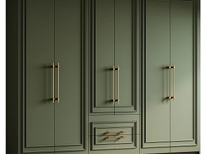 Green Modern Wardrobe With Three Door Gold Handles And Lower Drawer Design 3d model
