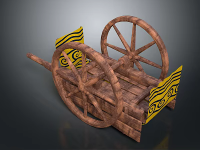 Ancient Wooden Cart With Large Spoked Wheels And Yellow Flags With Black Spiral Patterns 3d model
