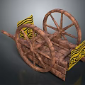 Ancient Wooden Cart With Large Spoked Wheels And Yellow Flags With Black Spiral Patterns