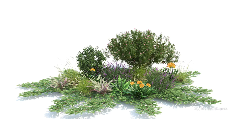 Lush Garden Shrubs With Green Herbs Yellow Flowers And Purple Blooms Creating Vibrant Outdoor Landscape 3d model 