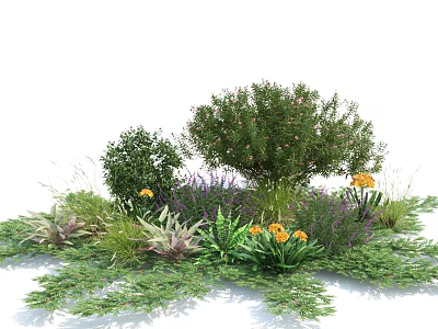 Lush Garden Shrubs With Green Herbs Yellow Flowers And Purple Blooms Creating Vibrant Outdoor Landscape 3d model