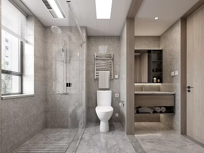 Modern Bathroom Interior With Gray Tiles Glass Shower White Toilet Vanity Towel Rack And Window 3d model