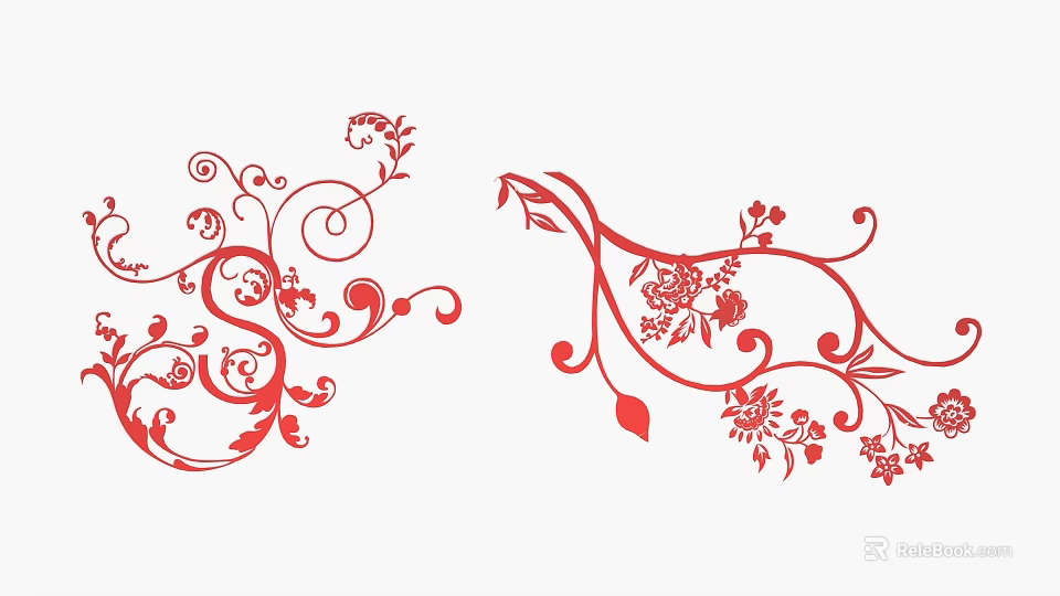 Red Floral Ornamental Patterns With Curved Lines Flowers Leaves And Details 3d model 