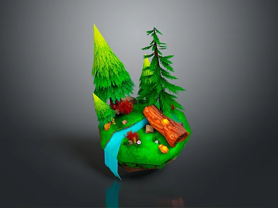 Lush Green Pine Trees And Small Plants With Stream And Wooden Bridge On Mini Island 3d model