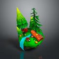 Lush Green Pine Trees And Small Plants With Stream And Wooden Bridge On Mini Island