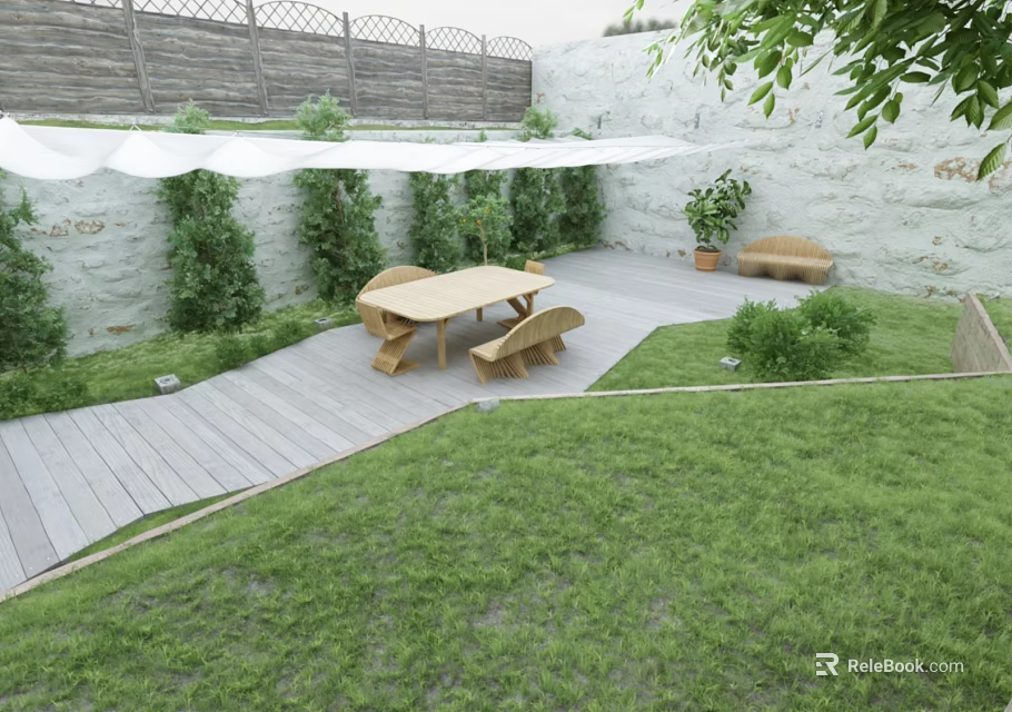 Garden Landscape with Wooden Deck Outdoor Dining Set Green Lawn and Stone Wall 3d model 