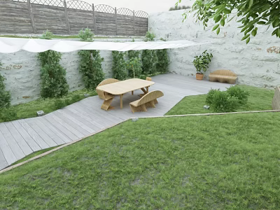 Garden Landscape with Wooden Deck Outdoor Dining Set Green Lawn and Stone Wall 3d model