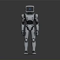 Metallic Humanoid Robot With Blue Light Eye Standing On Dark Reflective Surface