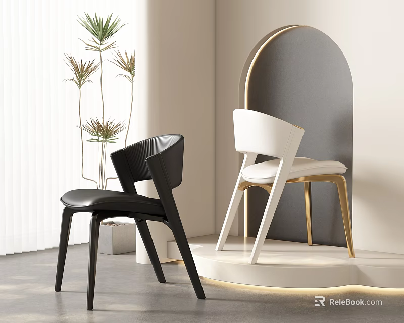 Modern Black And White Dining Chairs In Interior Room With Plants 3d model 