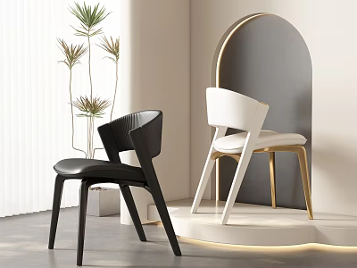 Modern Black And White Dining Chairs In Interior Room With Plants 3d model