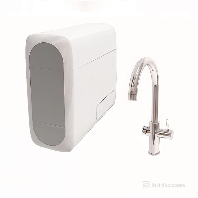 Modern Stainless Steel Kitchen Faucet Paired With White Water Purifier Unit 3d model 