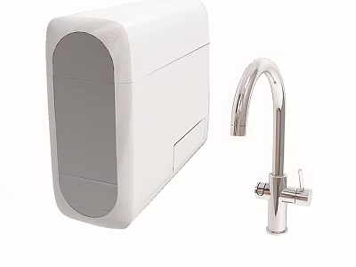 Modern Stainless Steel Kitchen Faucet Paired With White Water Purifier Unit 3d model