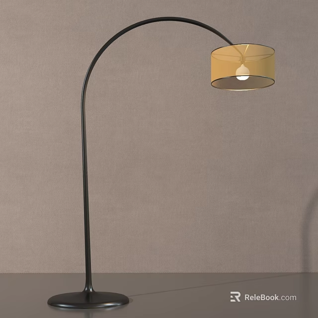 Modern Black Curved Floor Lamp With Beige Circular Lampshade And Neutral Wall 3d model 