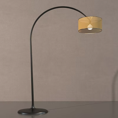 Modern Black Curved Floor Lamp With Beige Circular Lampshade And Neutral Wall 3d model