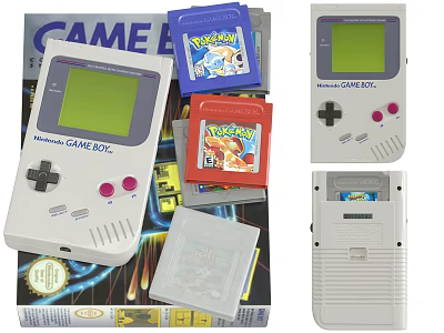 Classic Nintendo Game Boy Entertainment Electronics with Colorful Pokemon Game Cartridges and Original Packaging 3d model