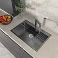 Black Single Bowl Kitchen Sink With Modern Faucet And Drainage Rack In Contemporary Kitchen