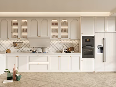 White Modern Kitchen Interior With Cabinets Tile Backsplash Island Countertop And Appliances 3d model