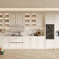 White Modern Kitchen Interior With Cabinets Tile Backsplash Island Countertop And Appliances