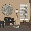 Modern Minimalist Accent Chair With Perforated Design Circular Wall Art Floor Lamp And Potted Plant