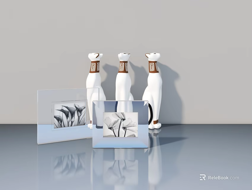 Stylish Hinged Door Display Featuring White Cat Figurines And Transparent Plant Photo Frames 3d model 