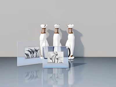 Stylish Hinged Door Display Featuring White Cat Figurines And Transparent Plant Photo Frames 3d model