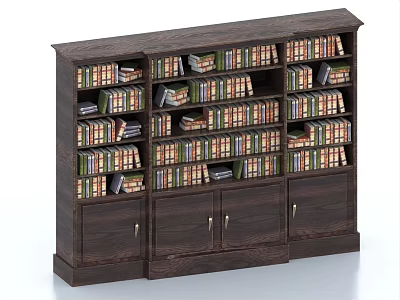 Spacious Wooden Bookshelf With Multiple Shelves Filled With Books And Bottom Storage Cabinets 3d model