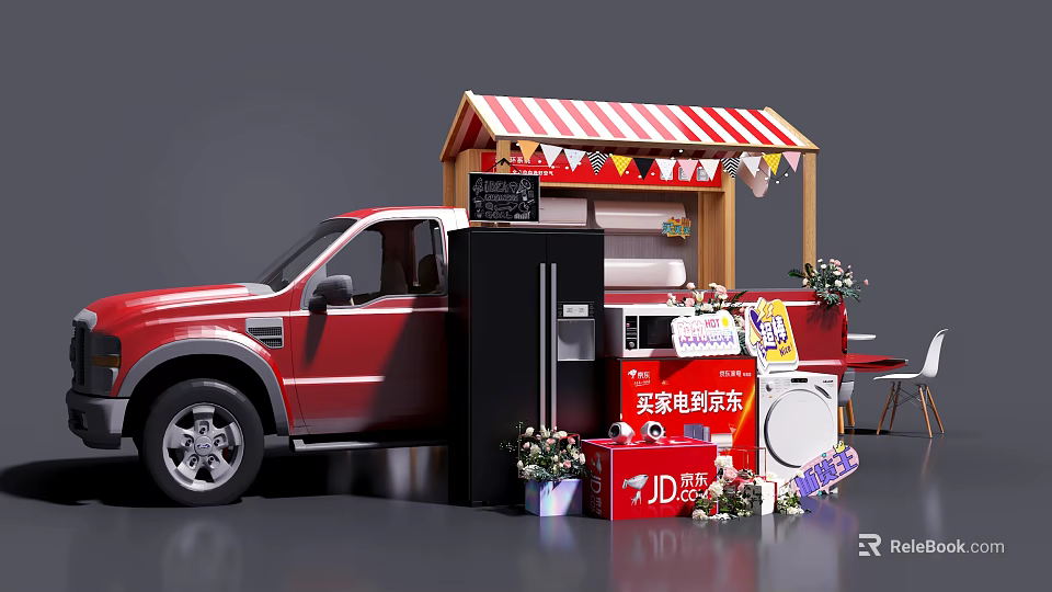 Red Pickup Truck With Mobile Stall Striped Awning Black Refrigerator JD Appliance Promotion And Flowers 3d model 