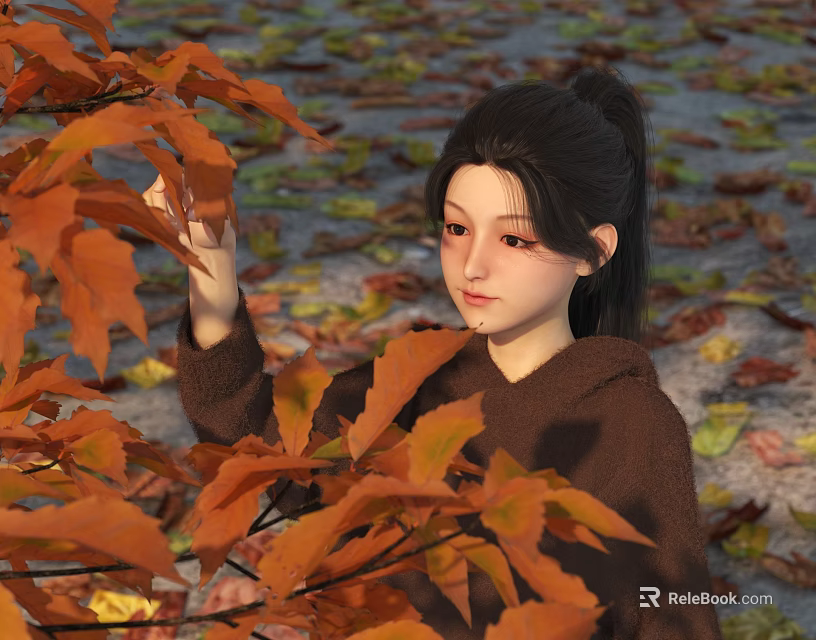 Woman In Brown Sweater Touching Orange Maple Leaves Amid Fallen Autumn Leaves 3d model 
