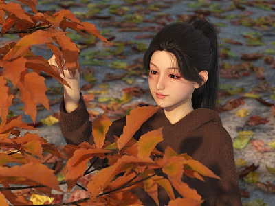 Woman In Brown Sweater Touching Orange Maple Leaves Amid Fallen Autumn Leaves 3d model