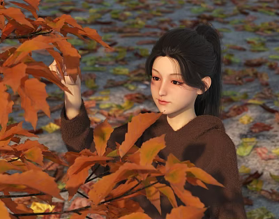 Woman In Brown Sweater Touching Orange Maple Leaves Amid Fallen Autumn Leaves 3d model
