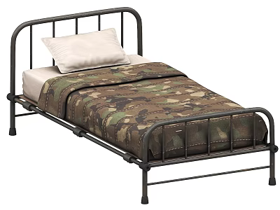Sturdy Single Bed With Black Metal Frame White Pillow And Camouflage Quilt 3d model
