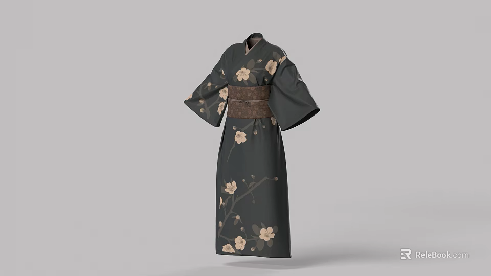 Traditional Dark Colored Kimono With White Floral Patterns And Brown Obi Belt 3d model 