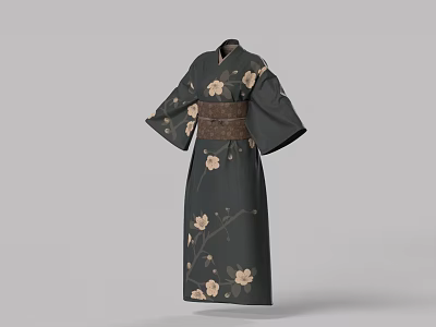 Traditional Dark Colored Kimono With White Floral Patterns And Brown Obi Belt 3d model