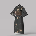 Traditional Dark Colored Kimono With White Floral Patterns And Brown Obi Belt