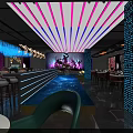 Modern Bar Featuring Neon Lighting Bar Counter Wine Cabinets High Stools Colorful Lights Decorative Paintings