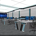 Modern Monitoring Room Interior With Multiple Control Desks And Digital Screens