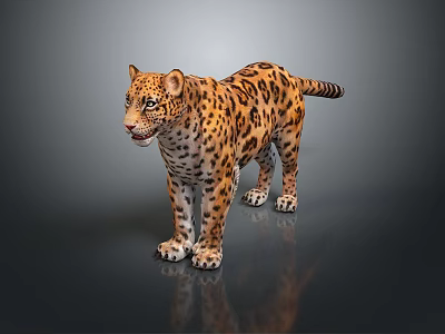 3D Rendered Leopard Standing With Yellow Black Spotted Fur And Reflection On Gray Background 3d model
