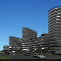 Modern High Rise Office Building With Curved Glass Curtain Wall Exterior Palm Trees And Road