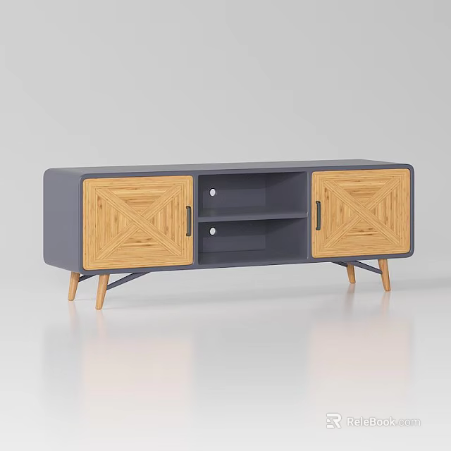 Modern Minimalist TV Stand With Gray Panel And Wooden Geometric Door Design 3d model 