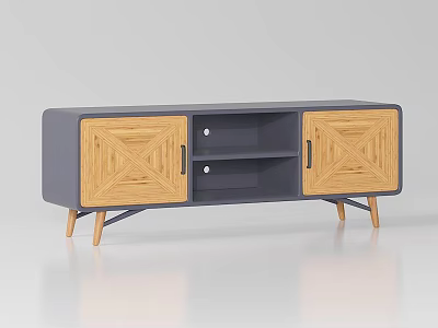 Modern Minimalist TV Stand With Gray Panel And Wooden Geometric Door Design 3d model